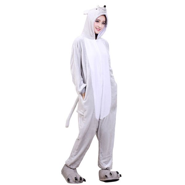 Tutina per adulti Topo Pigiama per animali da cartone animato Unisex Uomo Donna Pigiama Grigio Tuta da festa Morbida flanella calda Abbigliamento da notte divertente Inverno