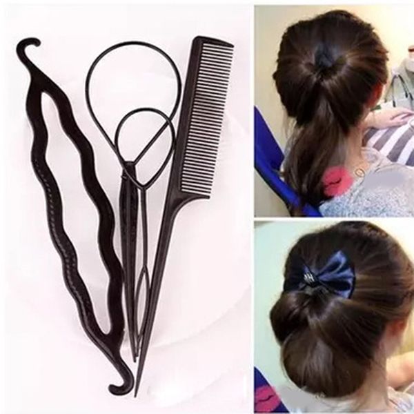 

fashion 4pcs ponytail creator plastic loop styling tools pony tail clip hair braid maker styling tool salon magic hair, Brown