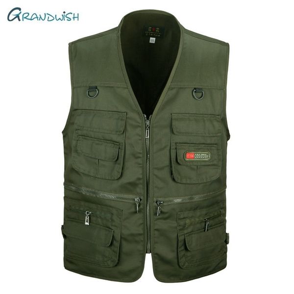 

grandwish mens cotton coat collarless vests new brand multi pockets male vests sleeveless protection camouflage cargo vest,da843, Black;white