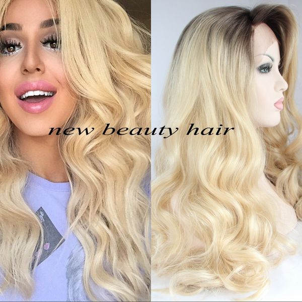 Lange gewellte brasilianische Perücke mit voller Spitze vorne, synthetisch, mit Babyhaar, 180 % Dichte, Platinblond, 76,2 cm, Ombre-Perücken für schwarze Frauen