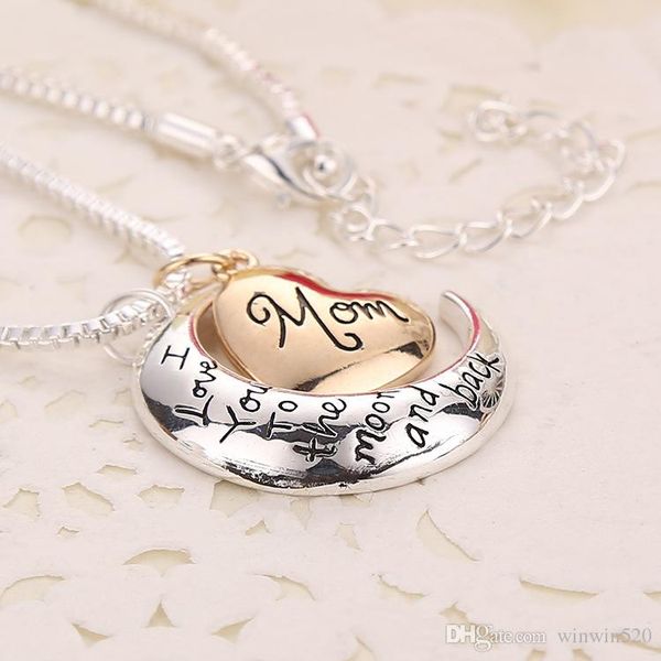 

2019 heart jewelry i love you to the moon and back mom pendant necklace mother day gift wholesale fashion jewelry, Silver