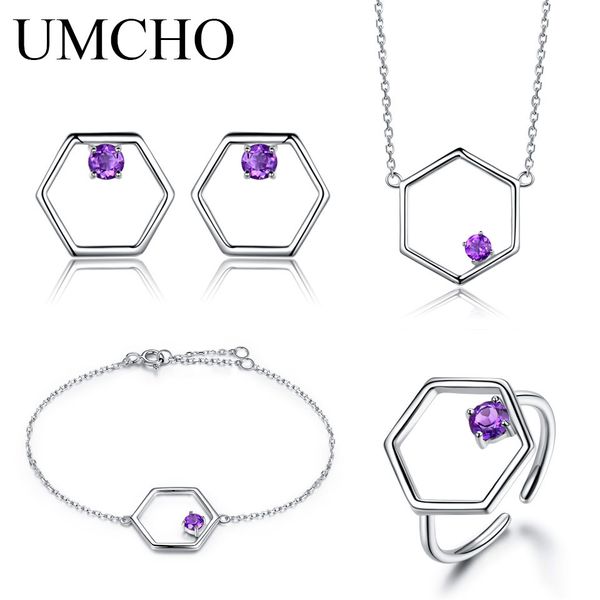 

umcho natural amethyst gemstone jewelry set real 925 sterling silver necklace ring earrings bracelet for women fine jewelry, Black