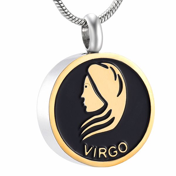 

ijd9968 stainless steel round virgo memorial pendant ashes urn cremation twelve constellations memorial necklace for human jewelry, Silver