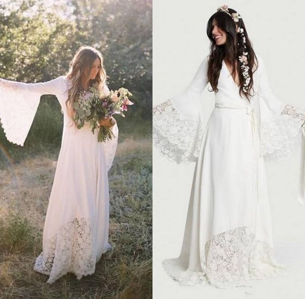 Discount Chic Bohemian Wedding Dresses 2018 Long Bell Sleeve Lace