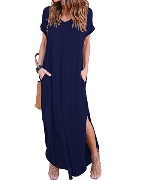 

2018 new ummer women hort leeve v neck ca ual lit hem olid party beach maxi long dre brief black ve tido plu ize