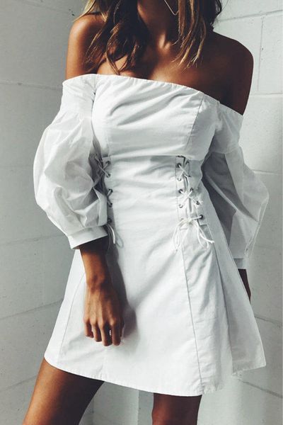 

new design women's retro royal style slash neck off shoulder lantern long sleeve lacing bandage a-line white short dress sml, Black;gray