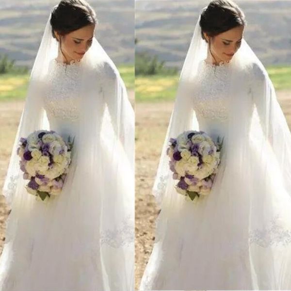 Muçulmano Vestidos De Casamento Longo Pescoço Meias Mangas Apliques de Cetim Tule Até O Chão Vestidos de Casamento Modestos Vestidos De Noiva Com Zíper Up