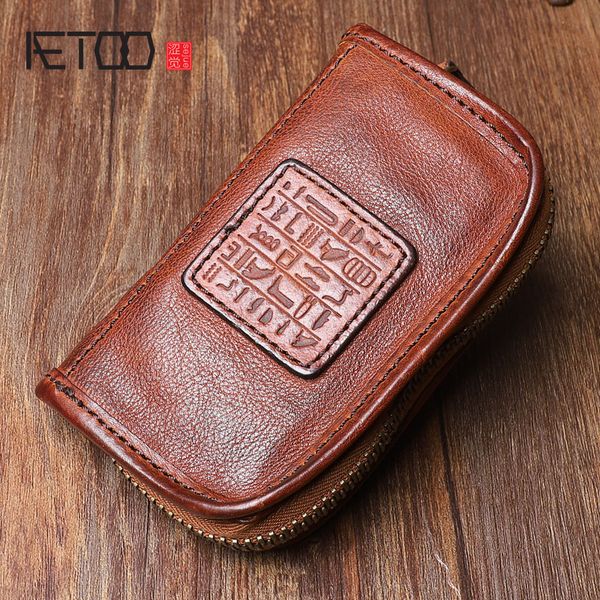 

aetoo handmade leather key case original design multi-function layer leather car key bag large-capacity change zipper bag, Red;blue