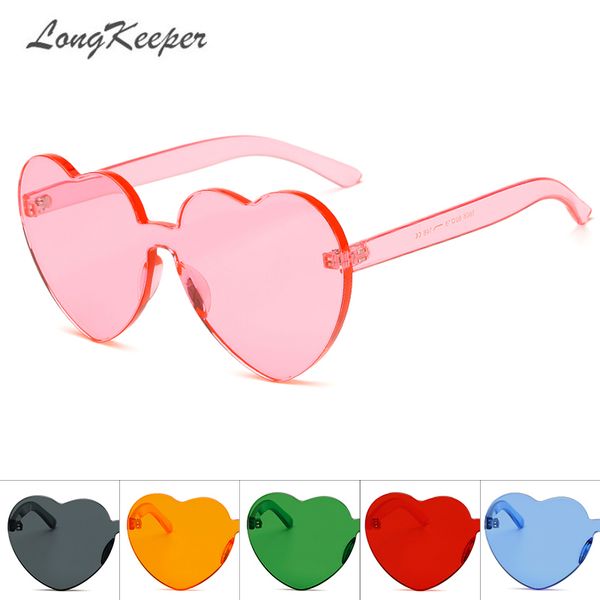 

longkeeper 2019 heart shaped sunglasses women rimless one piece sun glasses fashion ladies cute pure color uv400 gafas de sol, White;black