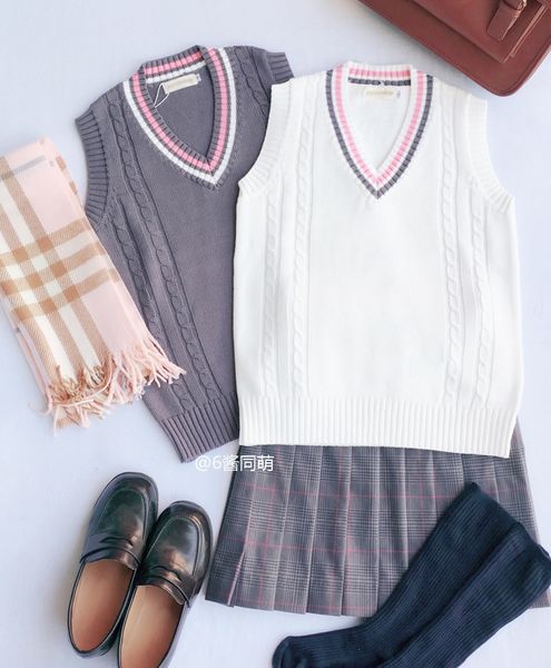 

cute women's preppy style japanese jk uniform v-neck vest twisted line sleeveless sweater cotton grey & beige(sweater only, White;black