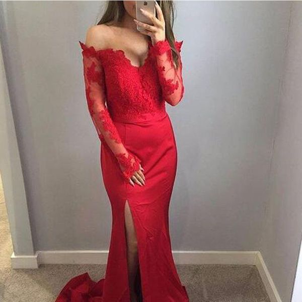 Chegada nova sereia vermelha vestidos formais abendkleider off ombro manga comprida vestidos de baile elegante vestidos formais