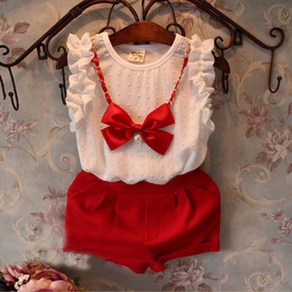 

canis summer toddler kids baby girls clothes sleeveless chiffon shirt bow shorts bow necklace outfits 3pcs clothes set, White