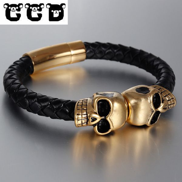 

fashion stainless steel chain leather bracelet black skull bracelets&bangles men vintage male braid jewelry for men, Golden;silver