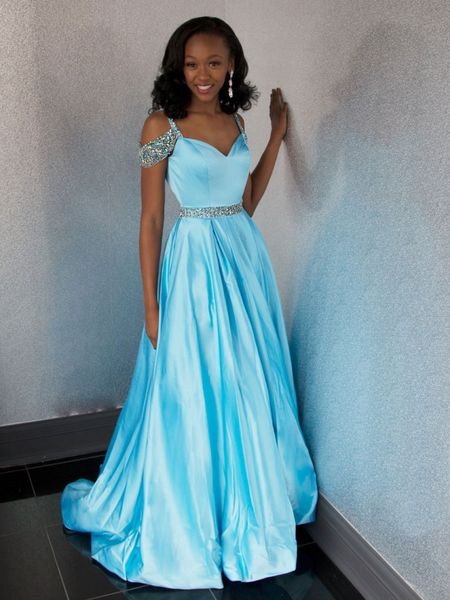 

gorgeous off the shoulder prom dresses spaghetti straps crystal beaded satin floor length backless ice blue party dresses sweep train, Black