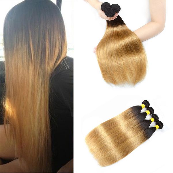 Ombre brasiliane bionde capelli umani lisci 3/4 fasci colorati brasiliani 1B / 27 # biondi capelli lisci vergini fornitori estensioni del tessuto