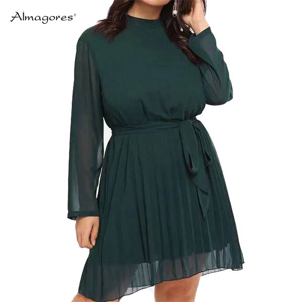 

2018 женщин осень dress твердые шифон кружева-line плиссированные dress туника до колен party vestidos с длинным рукавом стенд шеи, Black;gray