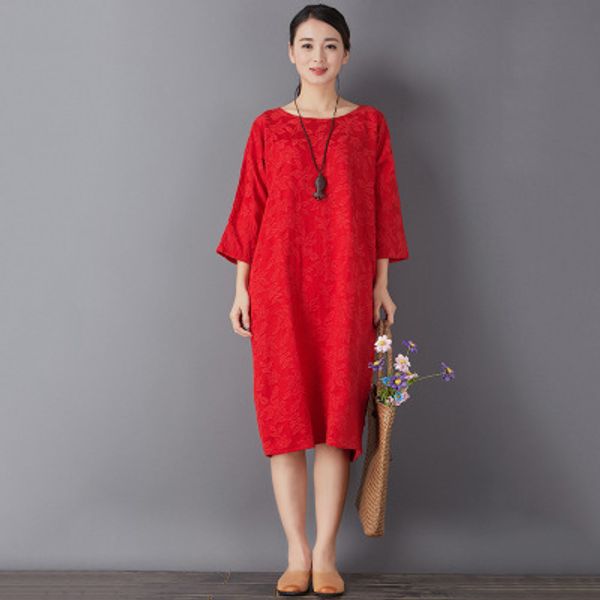 

retro art cotton and linen jacquard loose dress, Black;gray