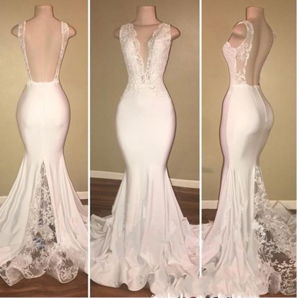 

2018 Sexy Deep V Neck White Mermaid Prom Dresses Long Lace Backless Evening Dress With Lace Appliques Cheap Cocktail Party Gowns