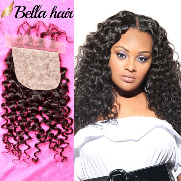 

4x4 silk base lace human hair full closure piece hidden fake scalp knots part virgin brazilian hair curly wave, Black;brown