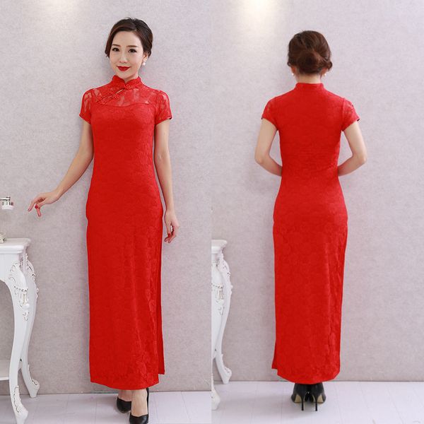 

noriviiq lace cheongsam improved chinese dress retro qipao long section stage suit slim hollow high split performance clothing, Red