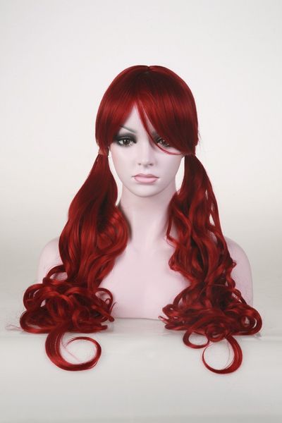

fashion cosplay dark red 32" long curly bangs center skin women's full wig, Black;brown