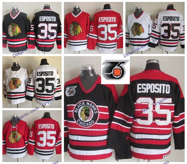 

vintage chicago blackhawks tony esposito hockey jersey home red 75th anniversary classic #35 tony esposito stitched hockey shirts m-xxxl, Black;red