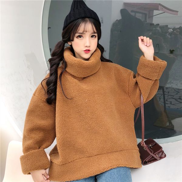 

lovely cutey sweatshirts women 2018 soft hairy high-neck outerwear thickened clothe loose female casual student coat warm girl's, Black