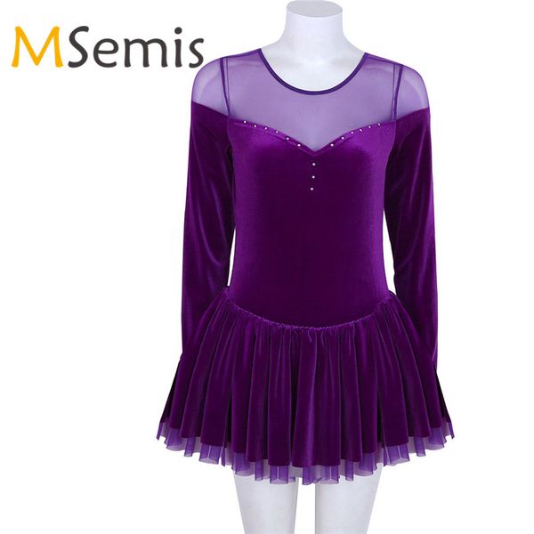 

women leotard ballet dress winter long sleeve velvet figure skating ballet dance gown gymnastics leotard dress for women, Black;red