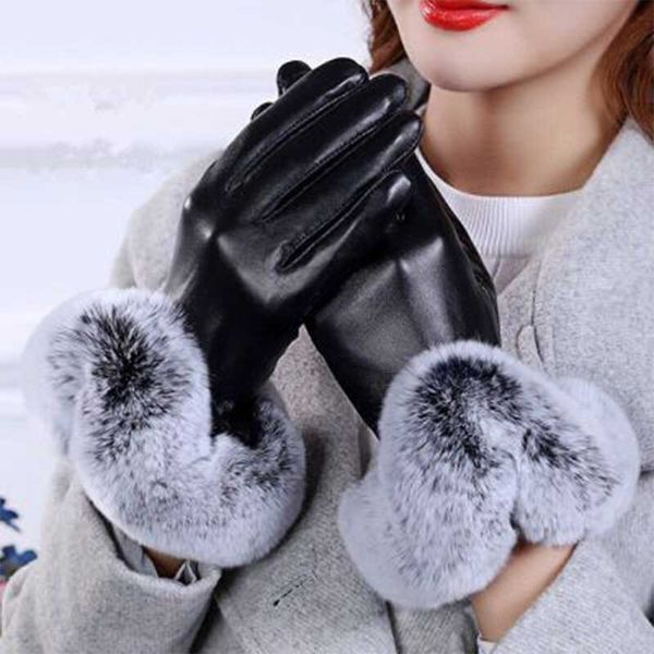 

women winter pu leather gloves with fur long finger velvet fleece warm thermal gloves female outdoor waterproof snow, Blue;gray
