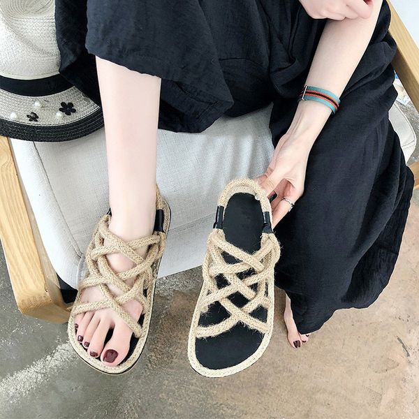 

rope cross-tied beach classic sandals shoes for women open toe ladies casual black fashion summer concise sandals size 9