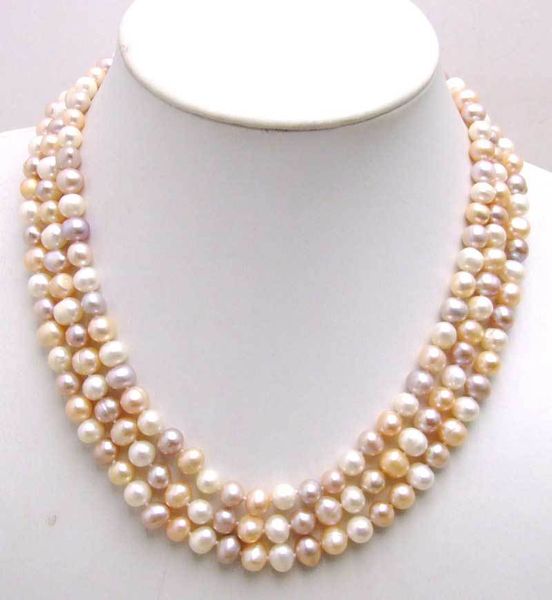 

sale 7-8mm multicolor (white,pink,purple) 100% natural freshwater pearl 3 strands necklace-nec5190 wholesale/retail ship, Silver
