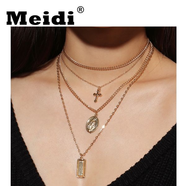

multilayer cross crucifix virgin mary pendant necklace women choker retro jewelry alloy christian long necklace chain 2018 new, Silver
