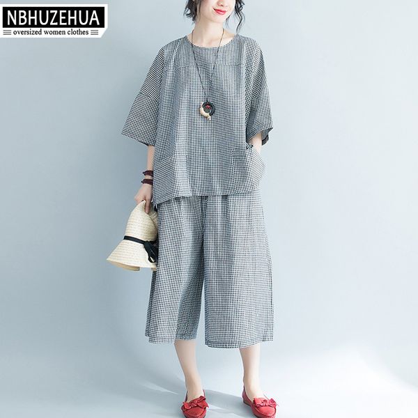 

nbhuzehua a230 women's plaid two piece set casual summer +wide leg pants plus size woman clothes 4xl 5xl tracksuit suit set, White