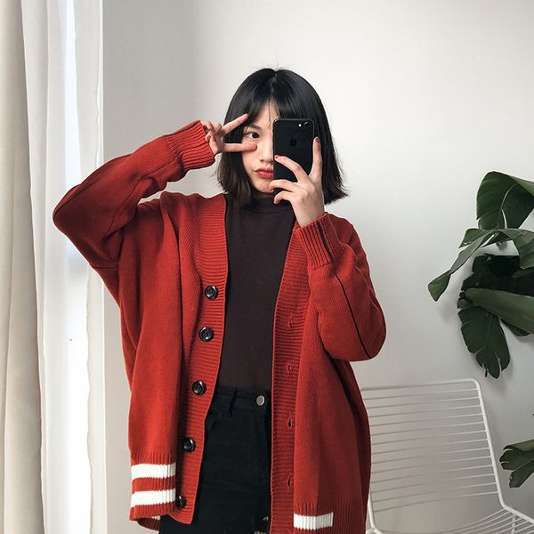 

new harajuku 2017 autumn color stripes single breasted jacket v collar cardigan sweate stripe sweaters womens cardigan feminino, White;black