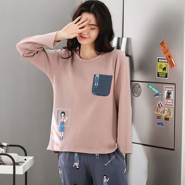 

2018 autumnn pyjamas women cartoon print o-neck long sleeve sleepwear stitch cotton pajamas for women homewear pajamas set, Blue;gray