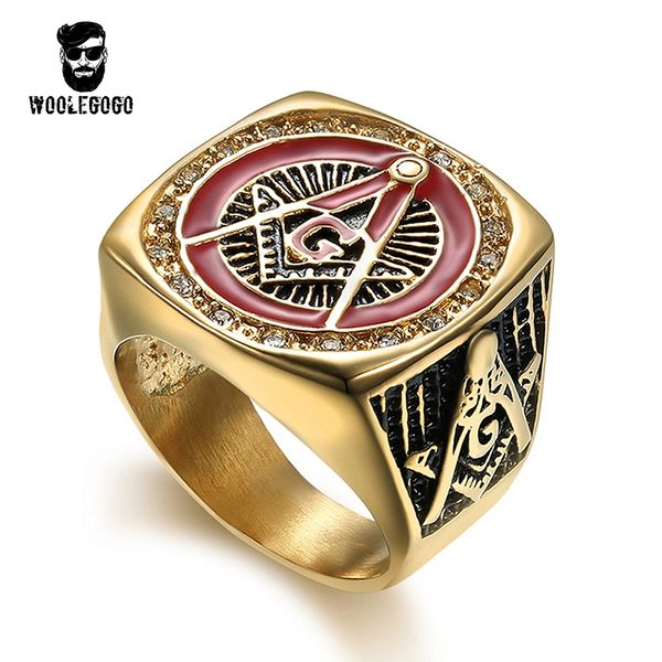 Anel Maçônico de Esmalte Vermelho Masculino Rhinestone Anéis de Ouro Vintage 316L Aço Inoxidável Maçonaria CZ Anel Punk Homens Jóias Presente Bague