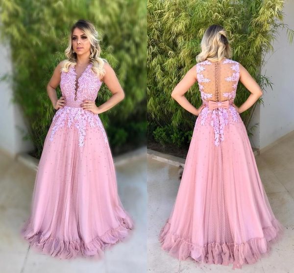 

2018 vintage pink jewel neck a line tulle prom dresses lace beading illusion back sleeveless evening dresses button covered peciasl wear, Black