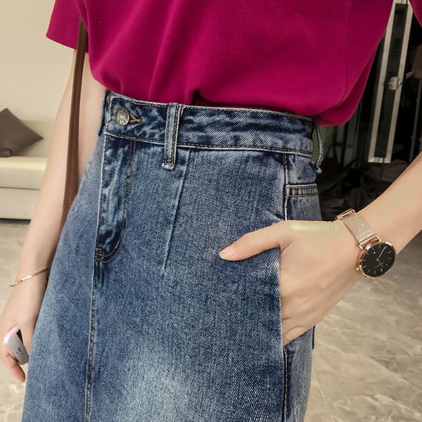 

denim skirts women 2018 new spring hemming hig waist packet hip knee-length skirt female big size jeans high street clothing, Black