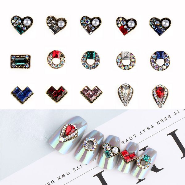 

vintage nail art rhinestones crystal heart circle glass colorful mix jewelry gems stones for 3d nails decoration 10pcs/pack, Silver;gold