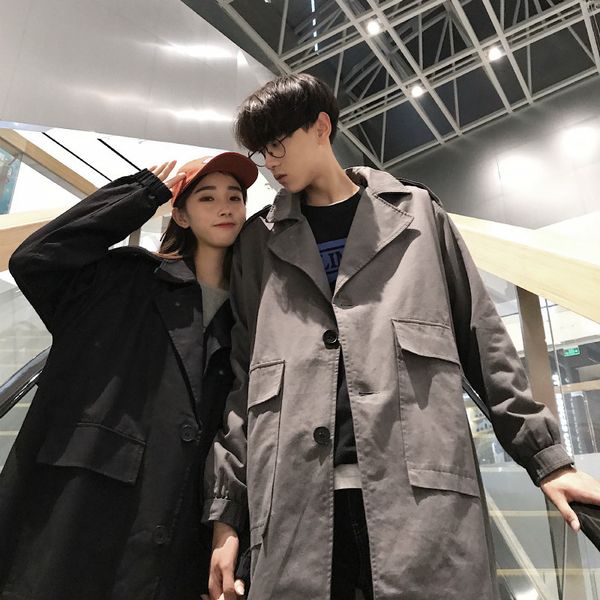 

2018 new exquisite korean version of the loose long couple windbreaker youth men's jacket gray / black size -xl, Tan;black