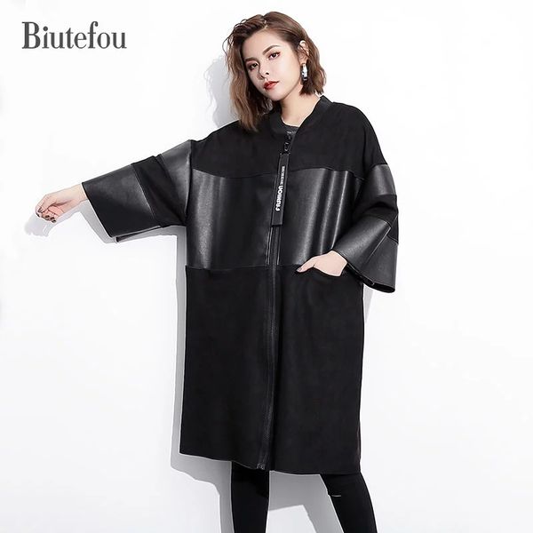 Compre 2018 Otoño Empalmado PU Tres Cuartos Manga Suelta Largo ... Compre 2018 Otoño Empalmado PU Tres Cuartos Manga Suelta Largo ...