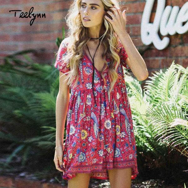 

boho dress red birds floral print mini dress v-neck short sleeve women dresses 2018 new summer loose style bohemia beach dresses, White;black