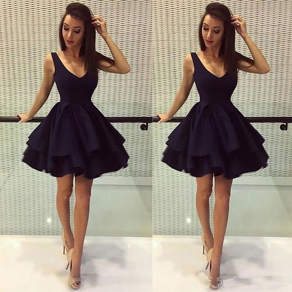 

Cheap Black Puffy Short Party Dresses A Line Deep V Neck Satin 8th Grade Prom Dresses Homecoming Dresses