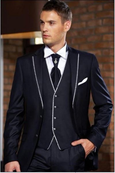 Heißer Verkauf Klassische Marineblau 3 Stück Anzug Kerbe Revers Zwei Knöpfe Männer Hochzeit Smoking Männer Business Prom Abendessen Blazer (Jacke + Hose + Krawatte + Weste) 455