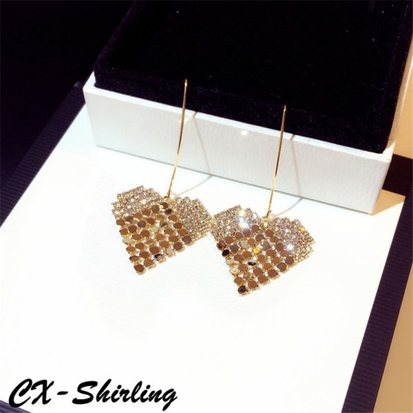 

cx-shirling women gold&silver statement long line tassel earrings quality crystal heart sequins earrings female, Golden;silver