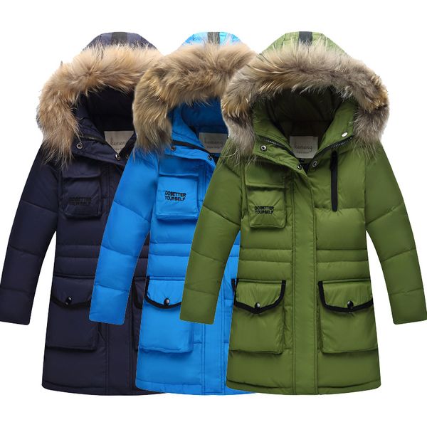

children winter duck down boys thickening warm down jackets long big fur hooded outerwear coats kids large size jacket 12y, Blue;gray