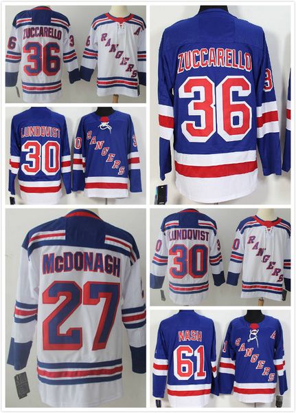 

men's ice hockey new york 30 lundqvist 20 kreider 93 zibaneja 27 mcdonagh 36 zuccarello 61 nash blue white, Black;red