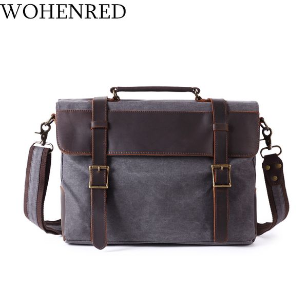 

vintage canvas leather briefcases men shoulder bags casual computer lapbag multifunction satchel school messenger bag male