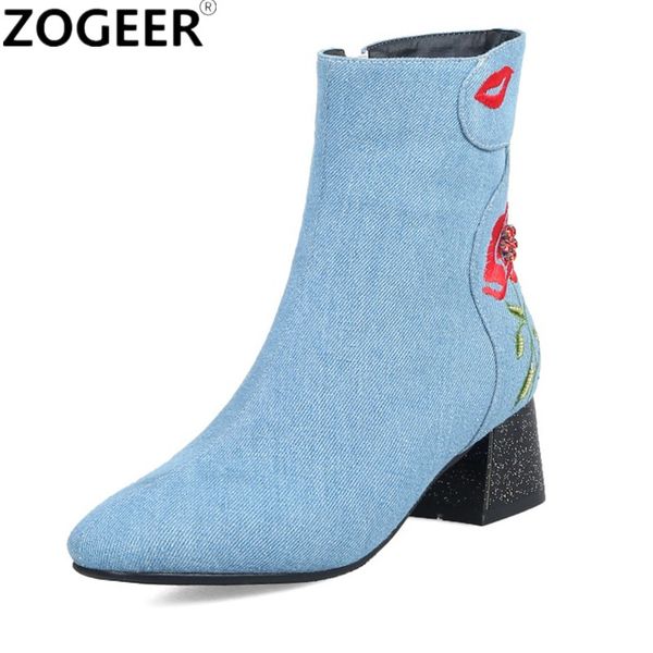 

women denim ankle boots autumn winter embroider jean boots fashion flower gladiator medium heel ladies shoes plus size, Black