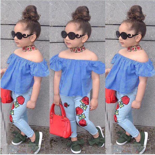 

summer cute baby girls 2pcs set children girls suits off shoulder crop blue+ flower denim pant new girl clothes, White
